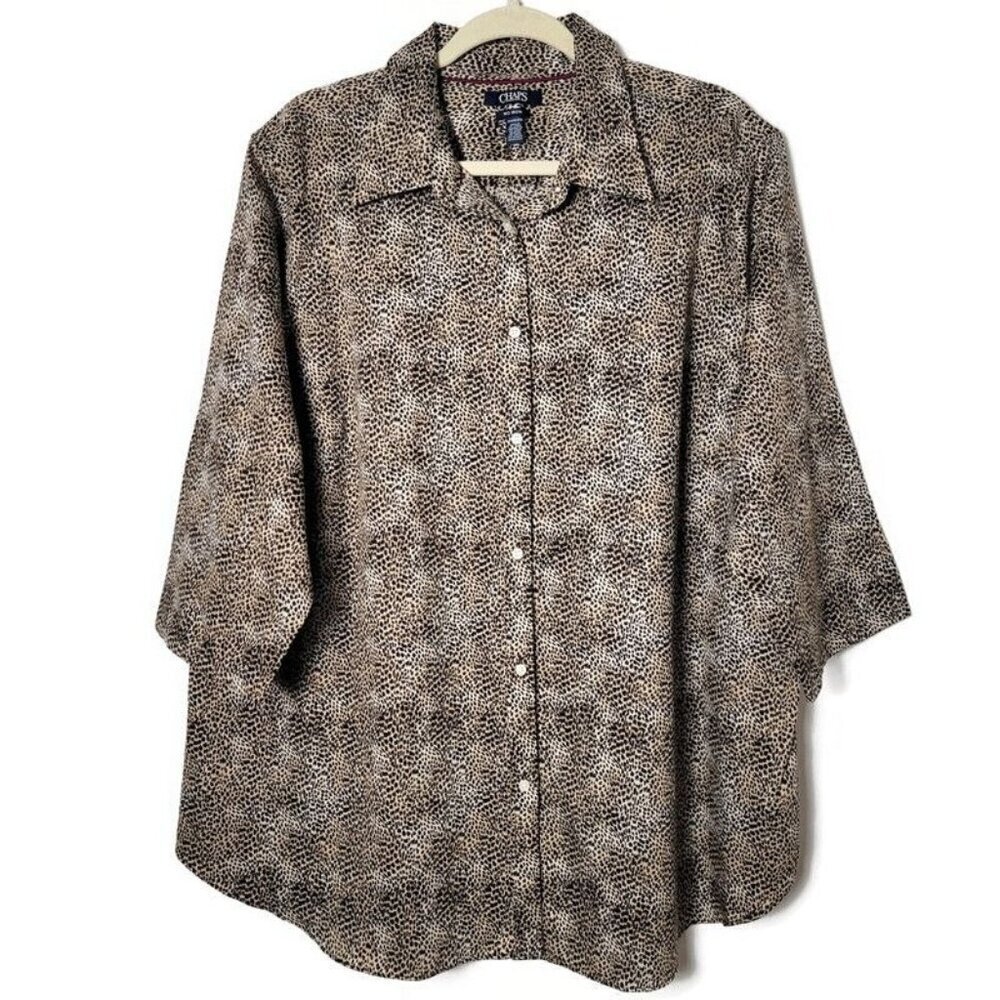 Chaps by Ralph Lauren Womens Leopard Cheetah Animal 3/4 Sleeves Button Up Top 2X